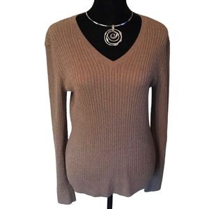 Jeanie Pierre Brown Ribbed V Neck Fitted Pullover Sweater Women Large